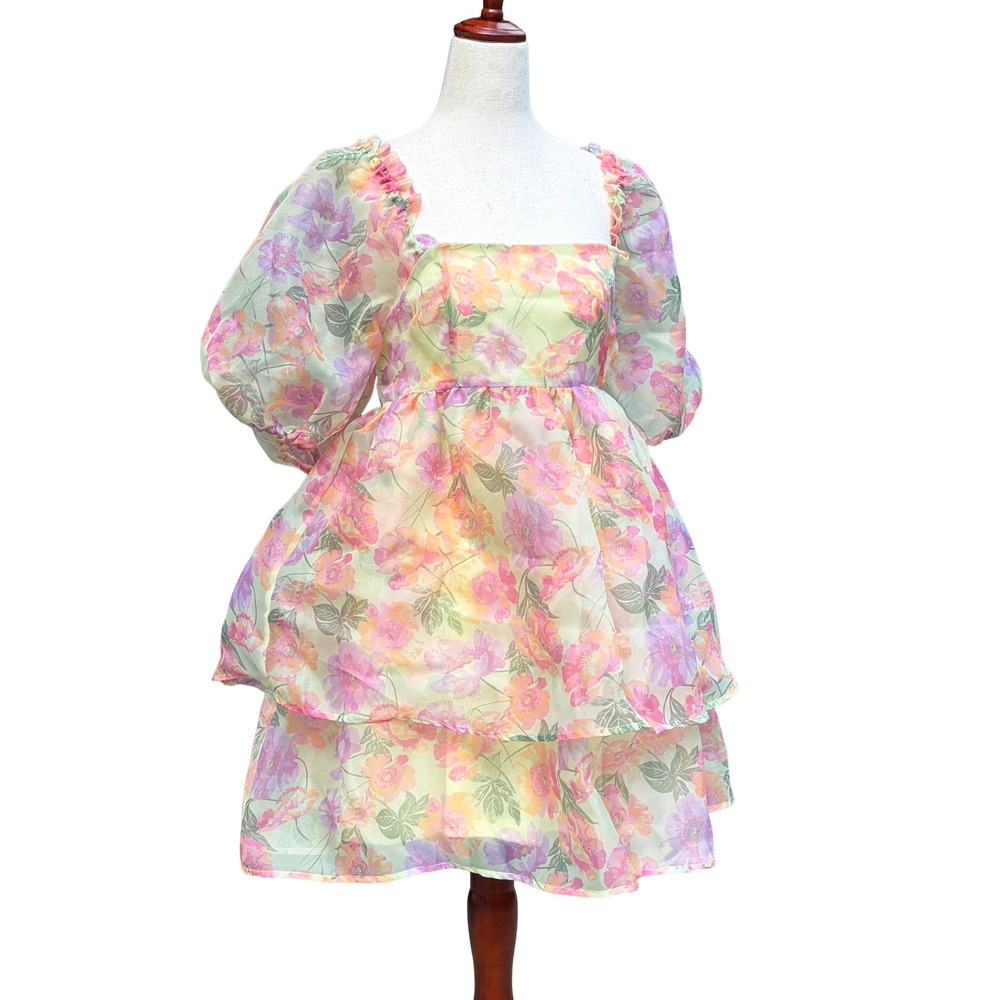 Chelsea & Violet Floral Organza Mini Puff Sleeve Tiered Babydoll Dress. Large